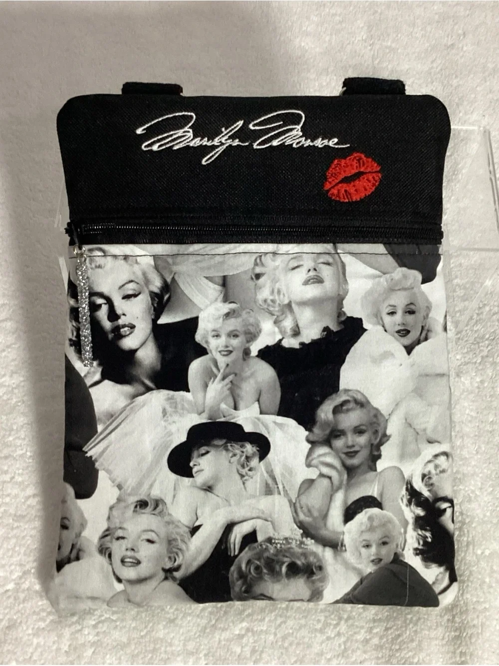 Marilyn Monroe Themed Graphic Printed Crossbody Bag Embroidered Lips & Name